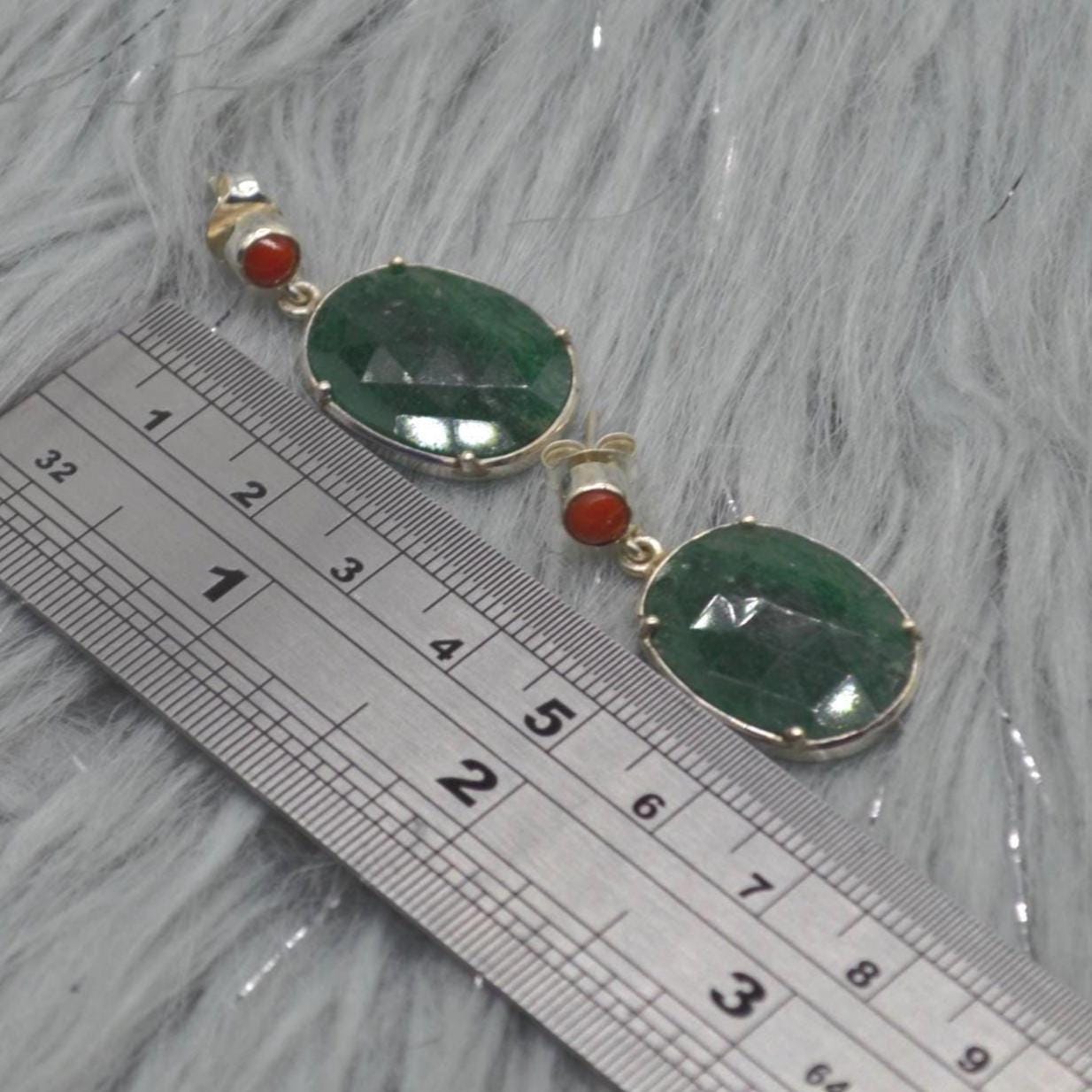 Green Aventurine, Red Coral Silver Earrings, Oval Dangle Drop Earrings, Green Gemstone, Unique Handmade Sterling Silver Earrings For Her