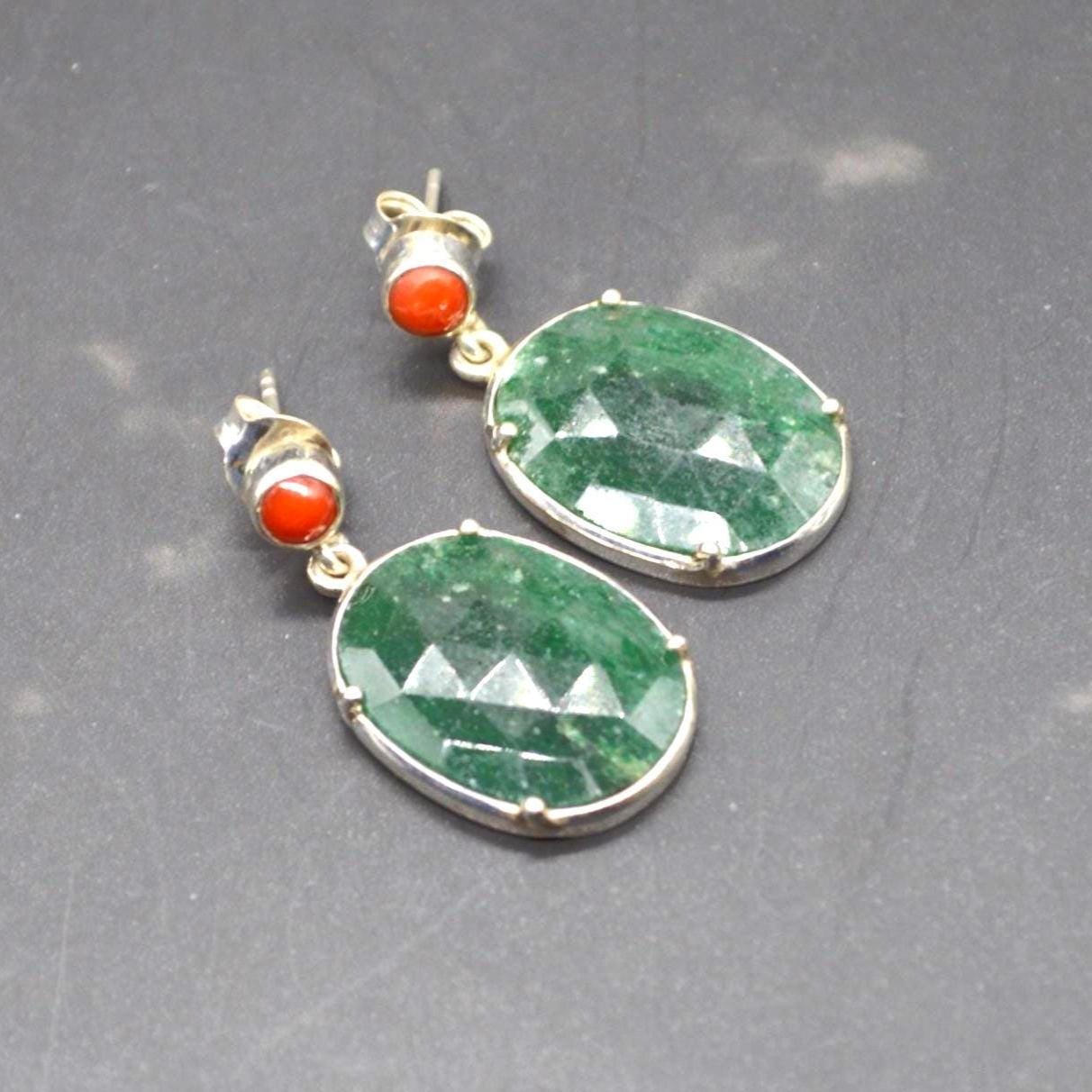 Green Aventurine, Red Coral Silver Earrings, Oval Dangle Drop Earrings, Green Gemstone, Unique Handmade Sterling Silver Earrings For Her