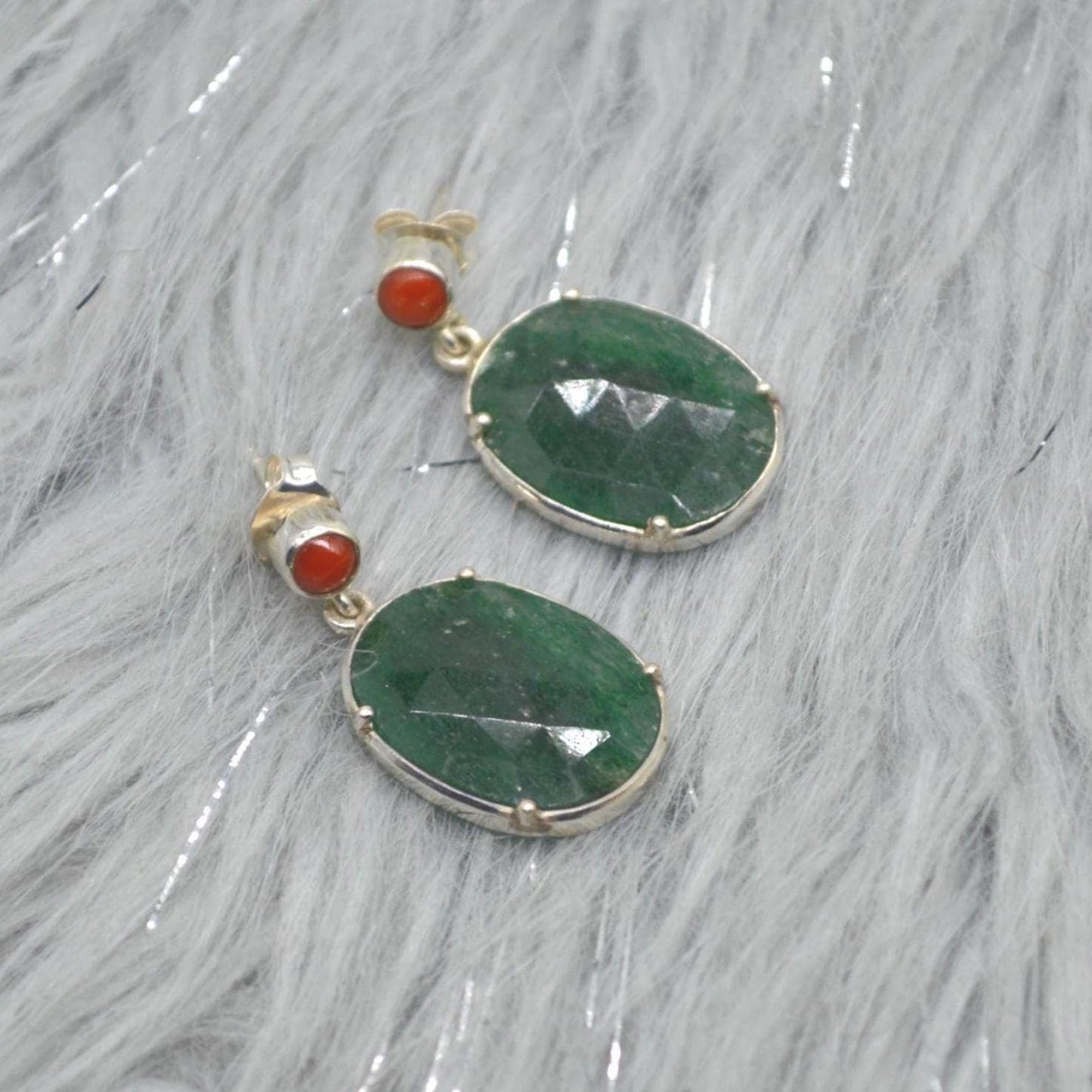 Green Aventurine, Red Coral Silver Earrings, Oval Dangle Drop Earrings, Green Gemstone, Unique Handmade Sterling Silver Earrings For Her