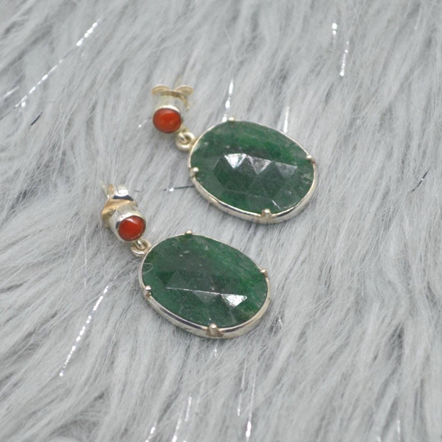 Green Aventurine, Red Coral Silver Earrings, Oval Dangle Drop Earrings, Green Gemstone, Unique Handmade Sterling Silver Earrings For Her