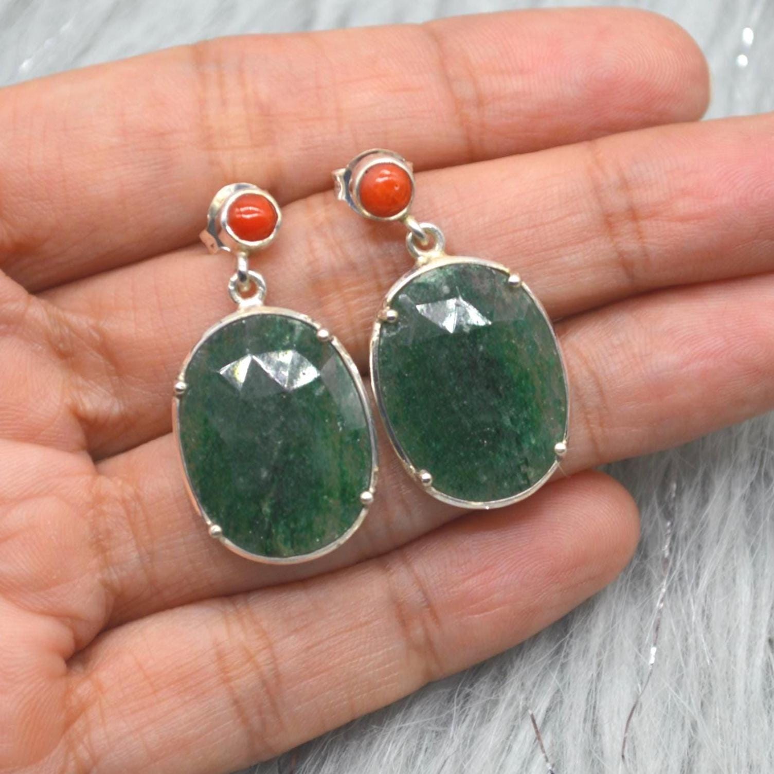 Green Aventurine, Red Coral Silver Earrings, Oval Dangle Drop Earrings, Green Gemstone, Unique Handmade Sterling Silver Earrings For Her