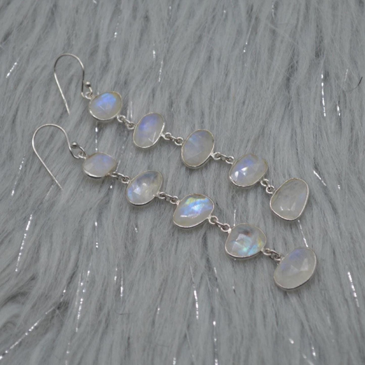 Rainbow Moonstone Sterling Silver Earrings, Moonstone Jewelry, Long Dangle Drop Earrings, Unique Handmade Gemstone Earrings, Gifts For Her