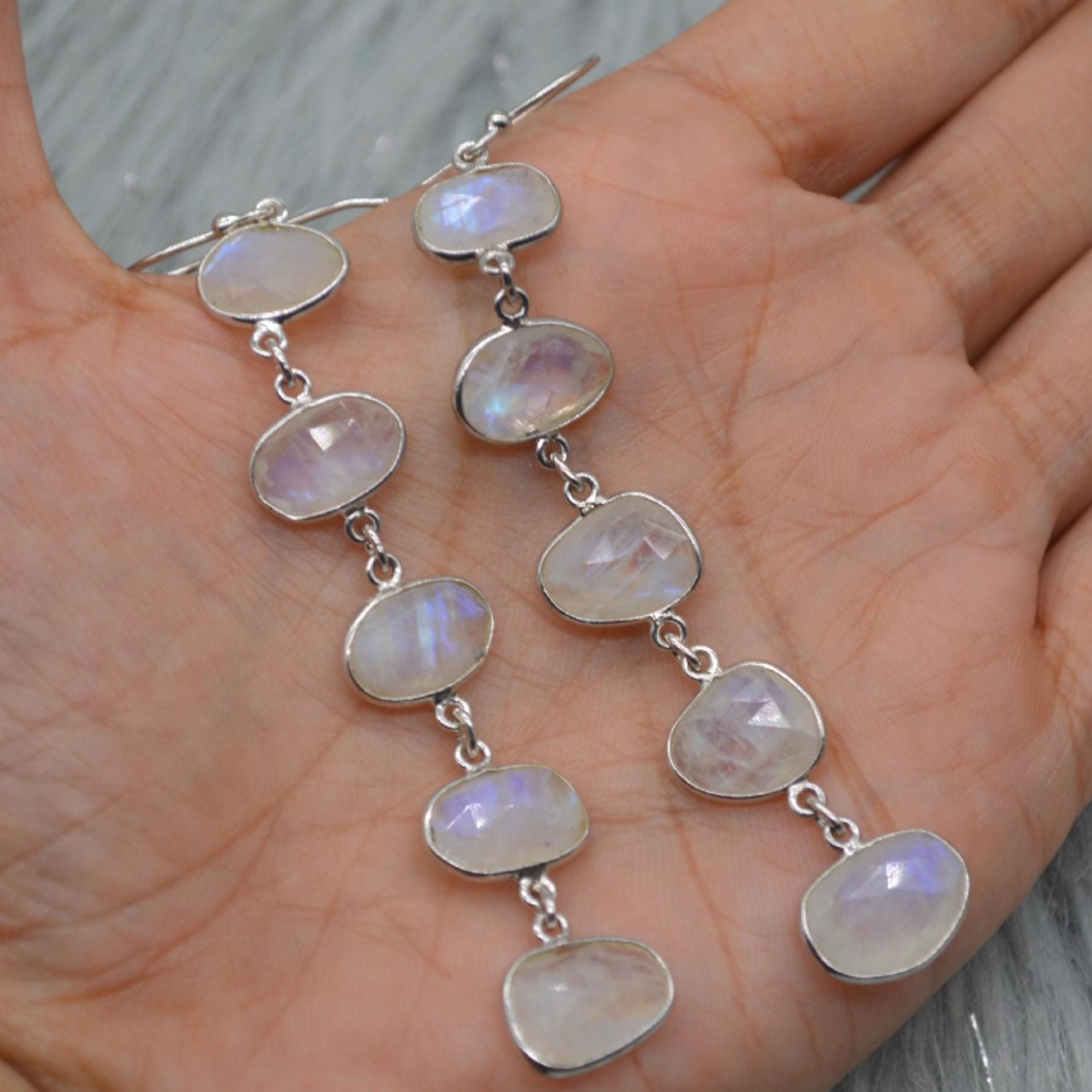Rainbow Moonstone Sterling Silver Earrings, Moonstone Jewelry, Long Dangle Drop Earrings, Unique Handmade Gemstone Earrings, Gifts For Her