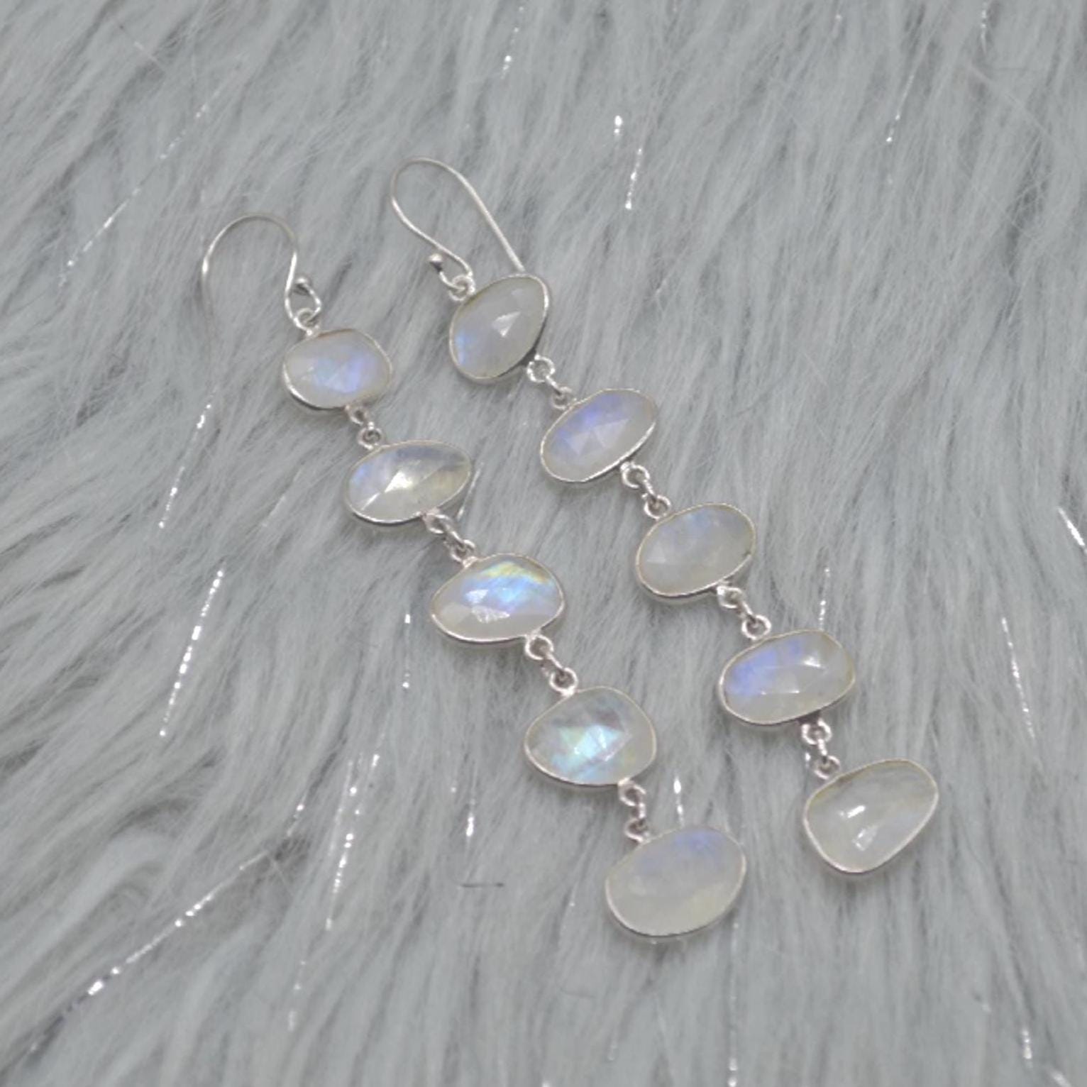 Rainbow Moonstone Sterling Silver Earrings, Moonstone Jewelry, Long Dangle Drop Earrings, Unique Handmade Gemstone Earrings, Gifts For Her