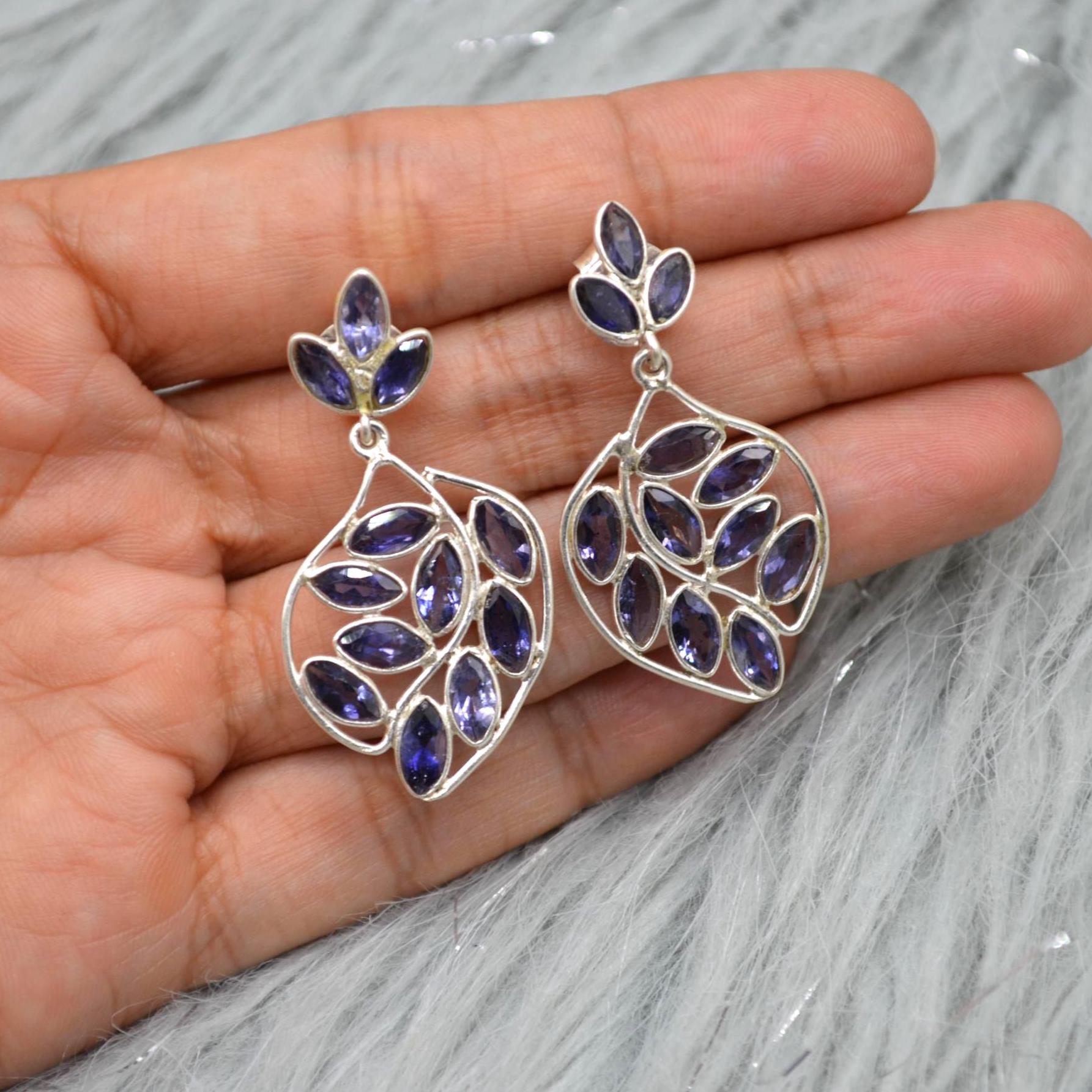 Iolite Sterling Silver Dangle Earrings, Iolite Drop Earrings, Iolite Jewelry, Purple Gemstone Earrings, Gifts For Her