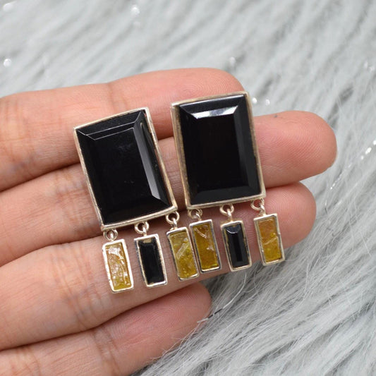 Black Onyx, Raw Sapphire Sterling Silver Earrings, Yellow Sapphire Earrings, Onyx Jewelry, September Birthstone, Gemstone Earrings For Women