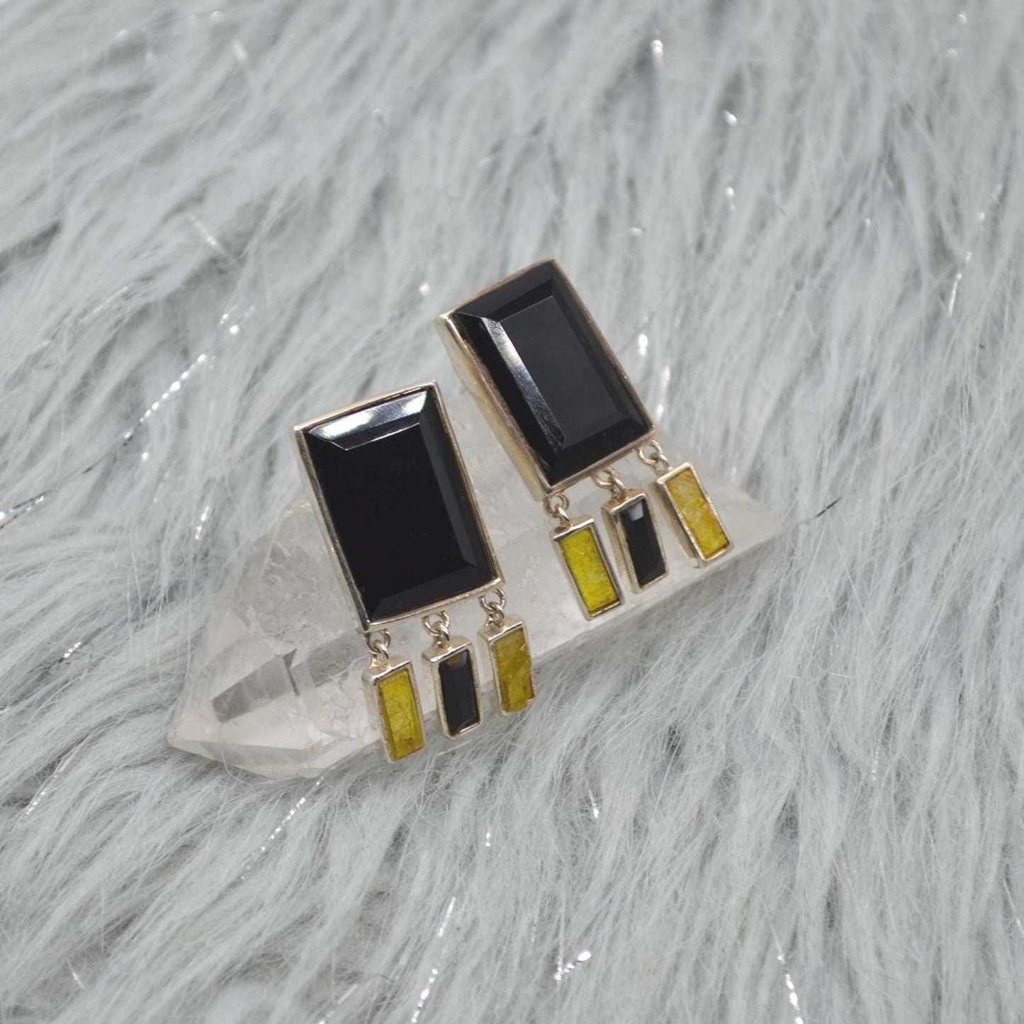 Black Onyx, Raw Sapphire Sterling Silver Earrings, Yellow Sapphire Earrings, Onyx Jewelry, September Birthstone, Gemstone Earrings For Women