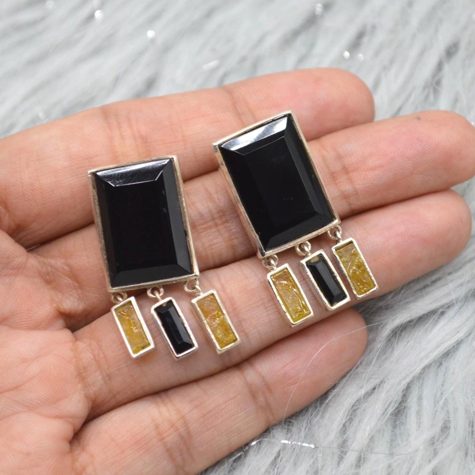Black Onyx, Raw Sapphire Sterling Silver Earrings, Yellow Sapphire Earrings, Onyx Jewelry, September Birthstone, Gemstone Earrings For Women