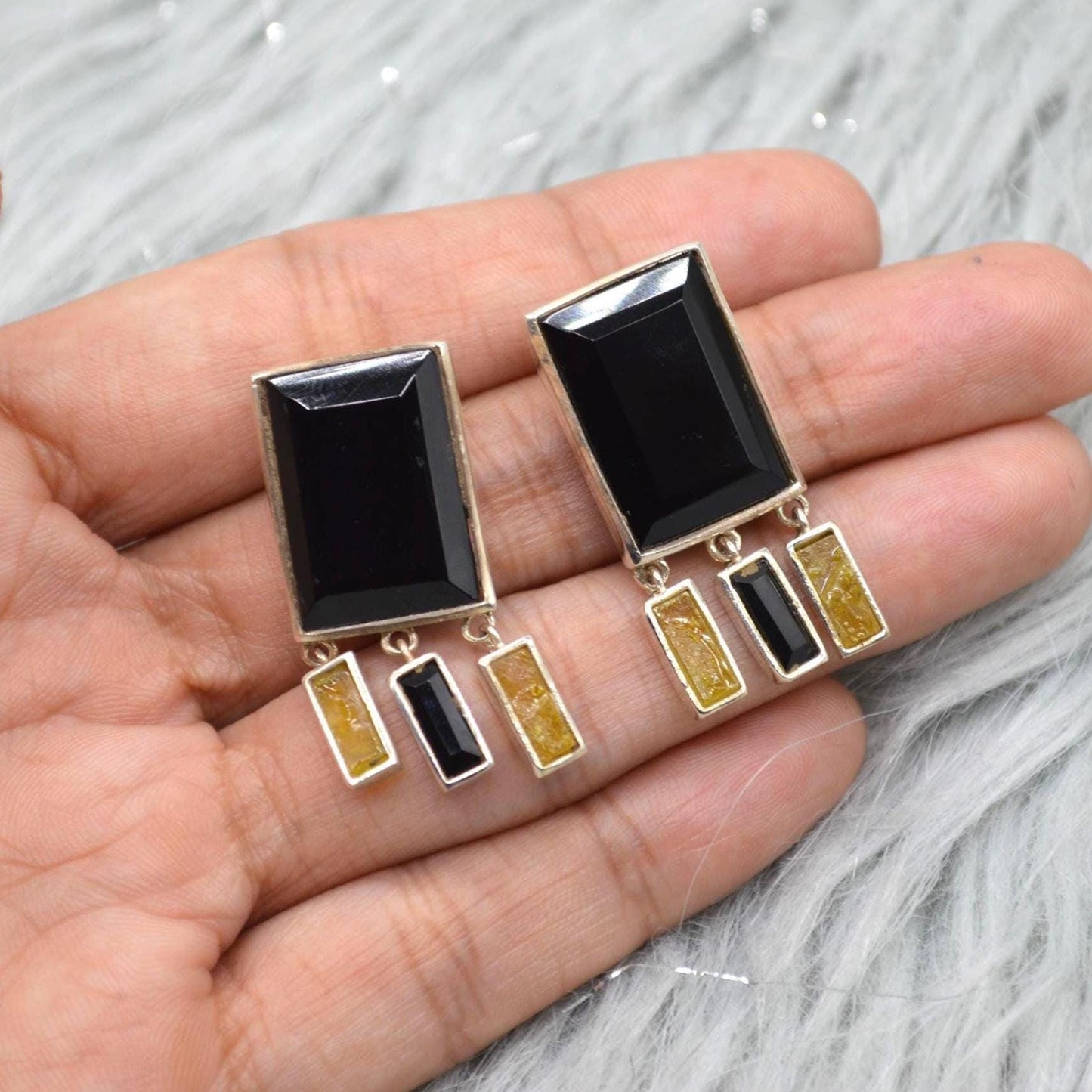 Black Onyx, Raw Sapphire Sterling Silver Earrings, Yellow Sapphire Earrings, Onyx Jewelry, September Birthstone, Gemstone Earrings For Women