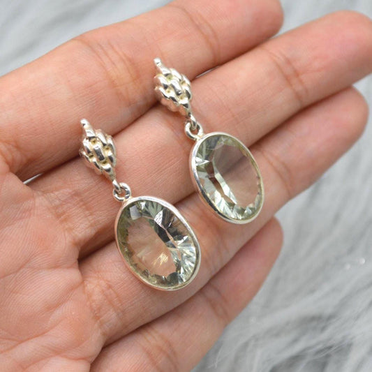 Green Amethyst Silver Earrings, February Birthstone Earrings, Amethyst Jewelry, Green Gemstone Earrings, Oval Drop Earrings For Her