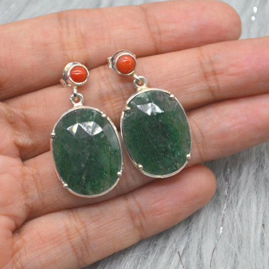 Green Aventurine, Red Coral Silver Earrings, Oval Dangle Drop Earrings, Green Gemstone, Unique Handmade Sterling Silver Earrings For Her