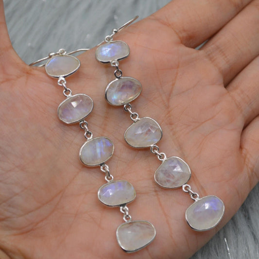 Rainbow Moonstone Sterling Silver Earrings, Moonstone Jewelry, Long Dangle Drop Earrings, Unique Handmade Gemstone Earrings, Gifts For Her