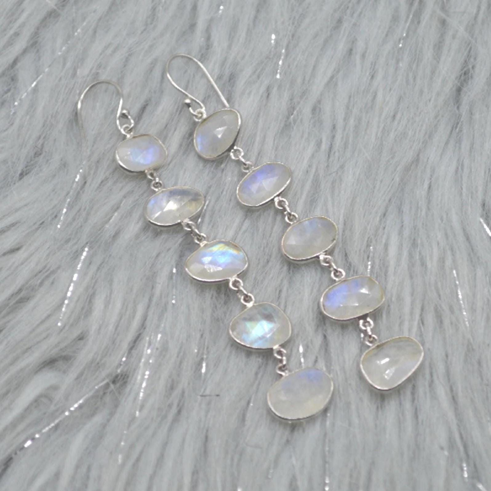 Rainbow Moonstone Sterling Silver Earrings, Moonstone Jewelry, Long Dangle Drop Earrings, Unique Handmade Gemstone Earrings, Gifts For Her