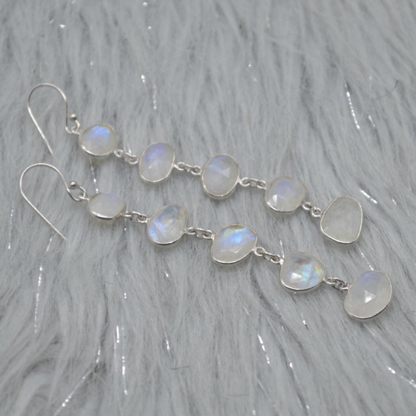 Rainbow Moonstone Sterling Silver Earrings, Moonstone Jewelry, Long Dangle Drop Earrings, Unique Handmade Gemstone Earrings, Gifts For Her