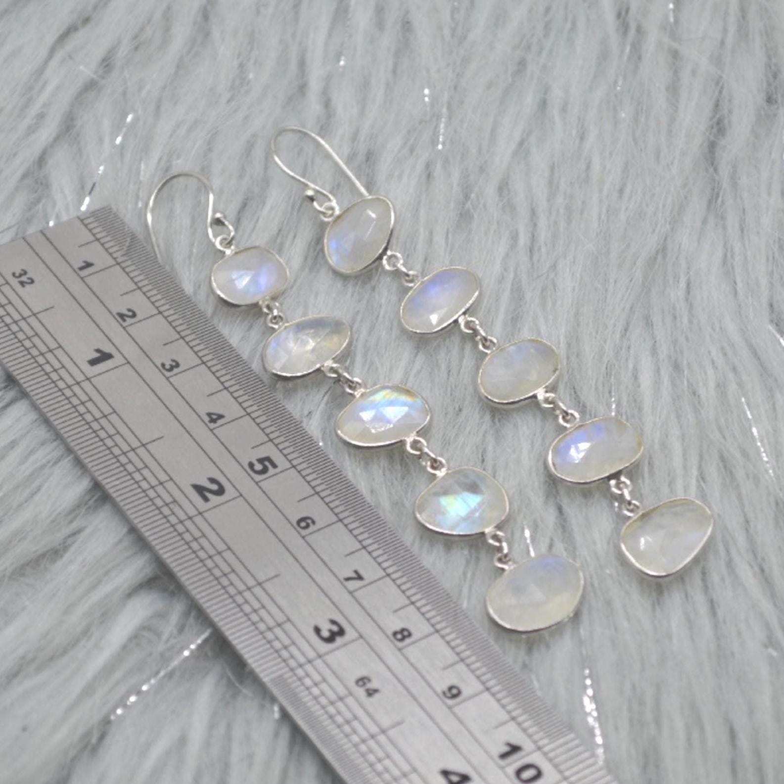 Rainbow Moonstone Sterling Silver Earrings, Moonstone Jewelry, Long Dangle Drop Earrings, Unique Handmade Gemstone Earrings, Gifts For Her
