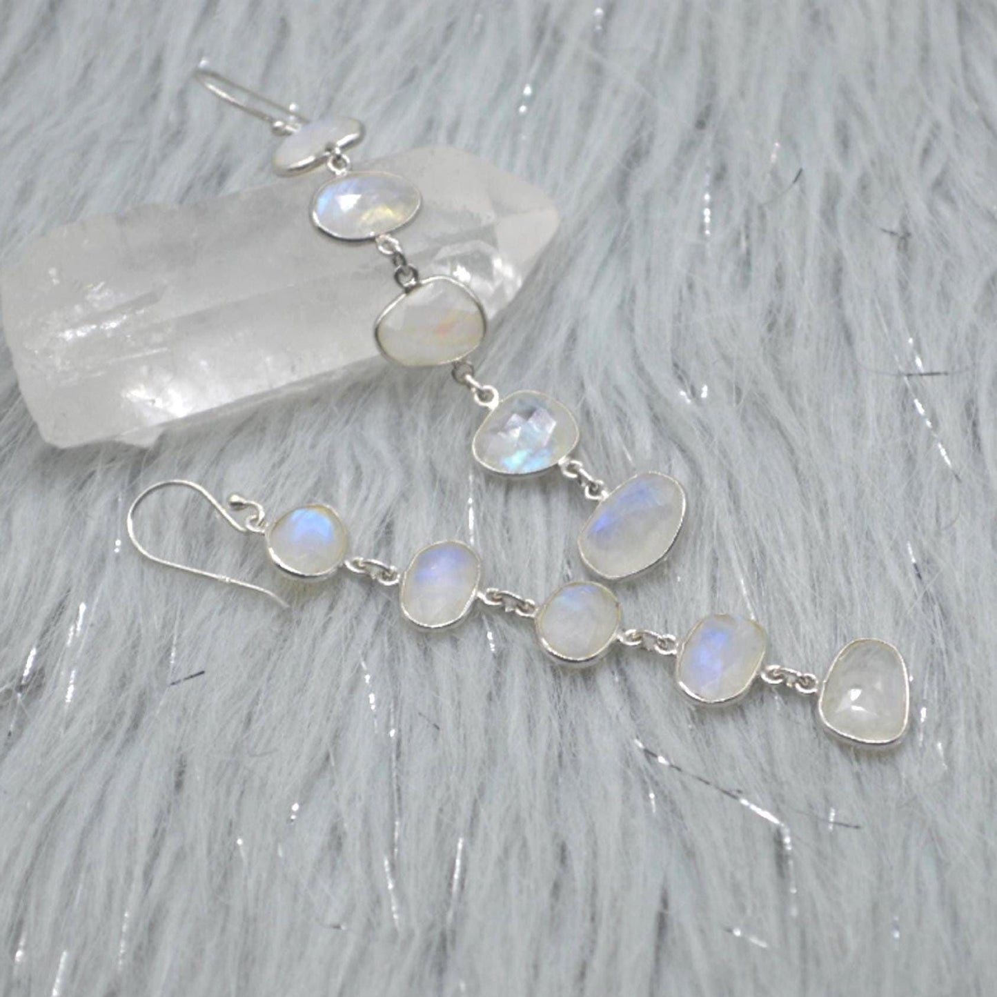 Rainbow Moonstone Sterling Silver Earrings, Moonstone Jewelry, Long Dangle Drop Earrings, Unique Handmade Gemstone Earrings, Gifts For Her