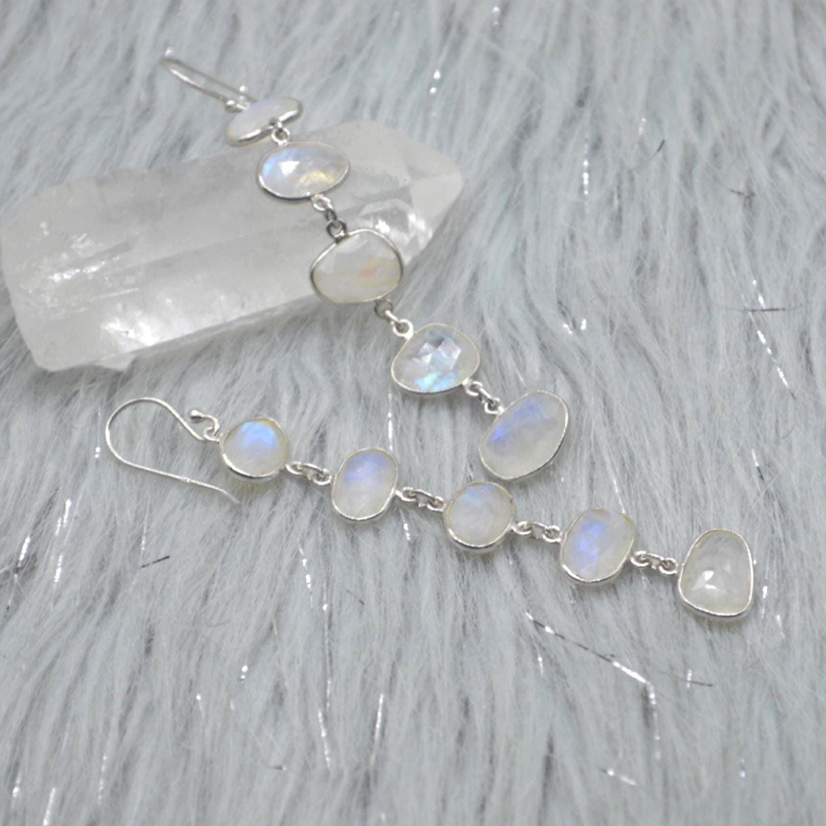 Rainbow Moonstone Sterling Silver Earrings, Moonstone Jewelry, Long Dangle Drop Earrings, Unique Handmade Gemstone Earrings, Gifts For Her