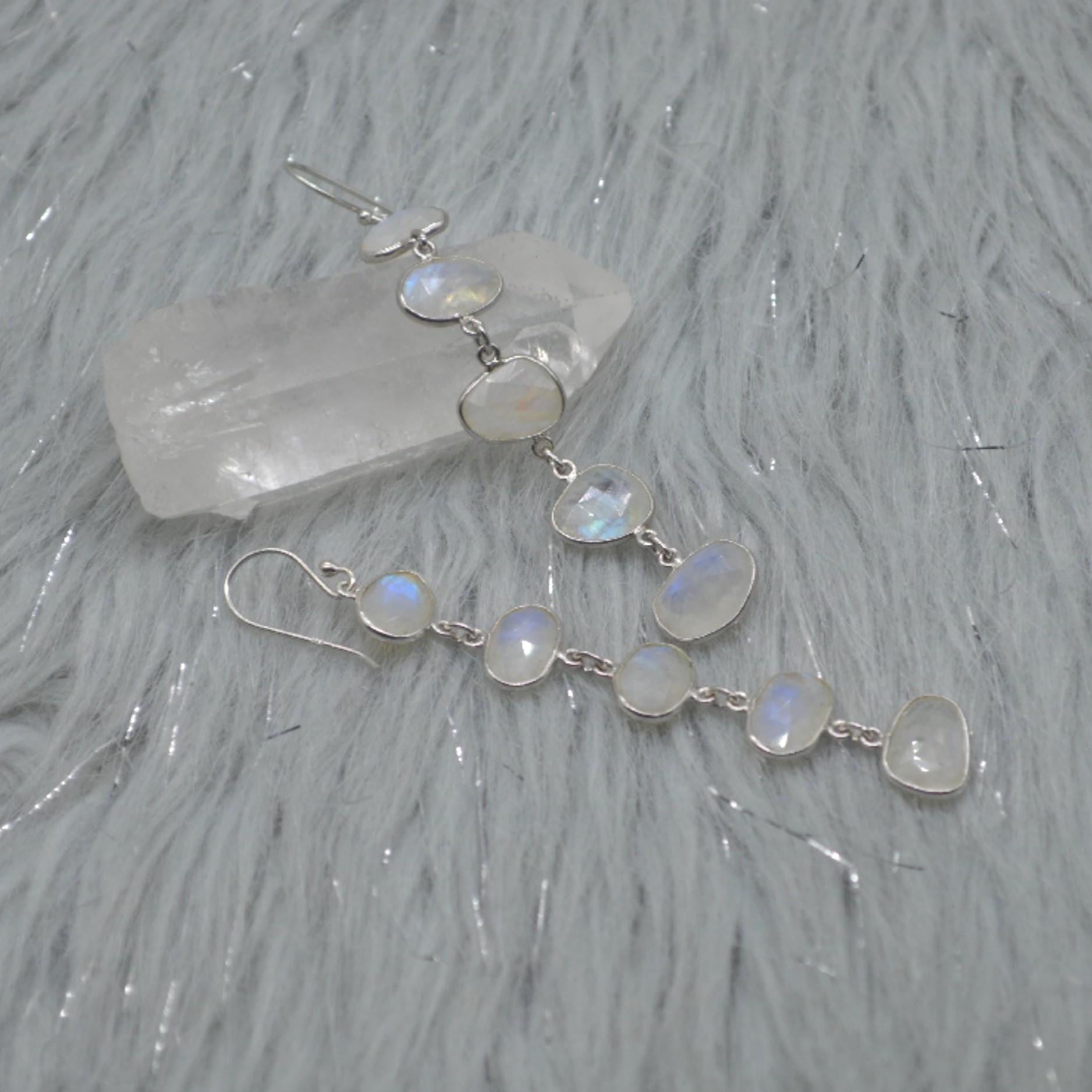 Rainbow Moonstone Sterling Silver Earrings, Moonstone Jewelry, Long Dangle Drop Earrings, Unique Handmade Gemstone Earrings, Gifts For Her
