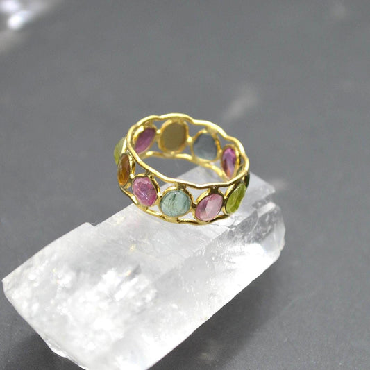 Green Pink Tourmaline Ring, Stacking Gold Ring, Gemstone Sterling Silver Ring, Tourmaline Jewelry, October Birthstone Ring, Size O Ring