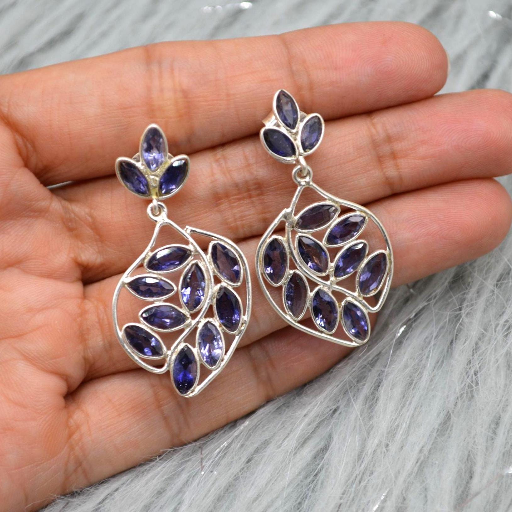 Iolite Sterling Silver Dangle Earrings, Iolite Drop Earrings, Iolite Jewelry, Purple Gemstone Earrings, Gifts For Her
