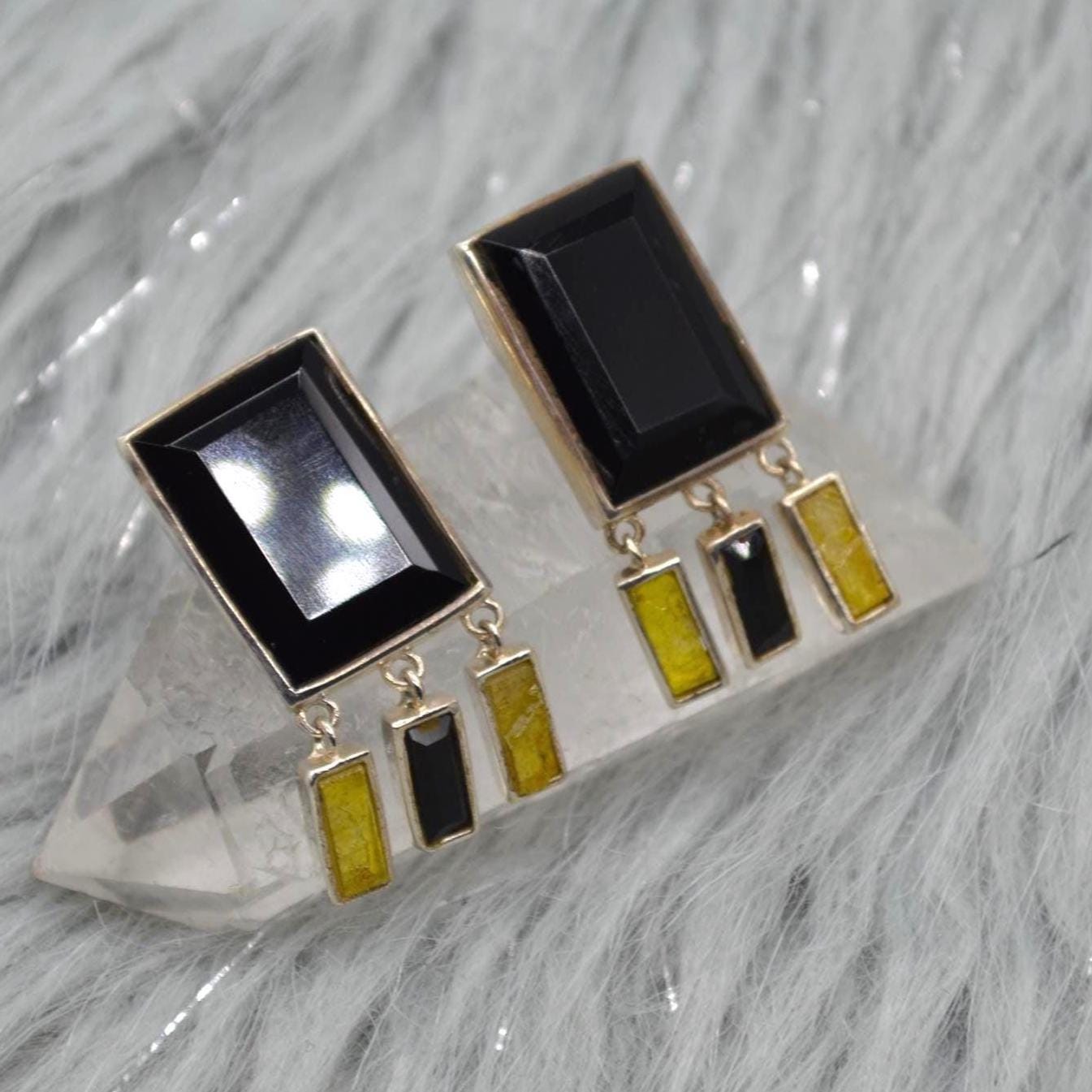Black Onyx, Raw Sapphire Sterling Silver Earrings, Yellow Sapphire Earrings, Onyx Jewelry, September Birthstone, Gemstone Earrings For Women