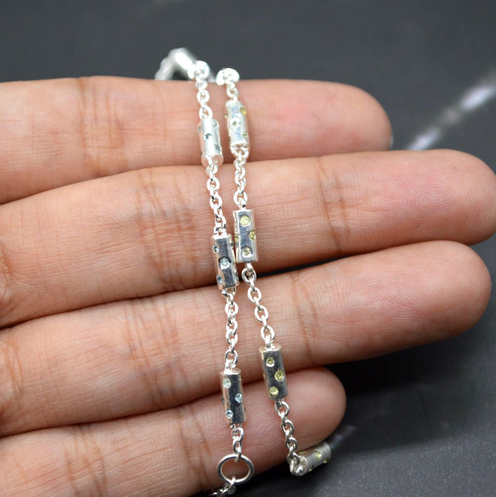 Peridot, Blue Topaz Silver Chain Bracelet, August, December Birthstone, Dainty Gold Bangle Bracelet, Green, Blue Gemstone Bracelet For Women