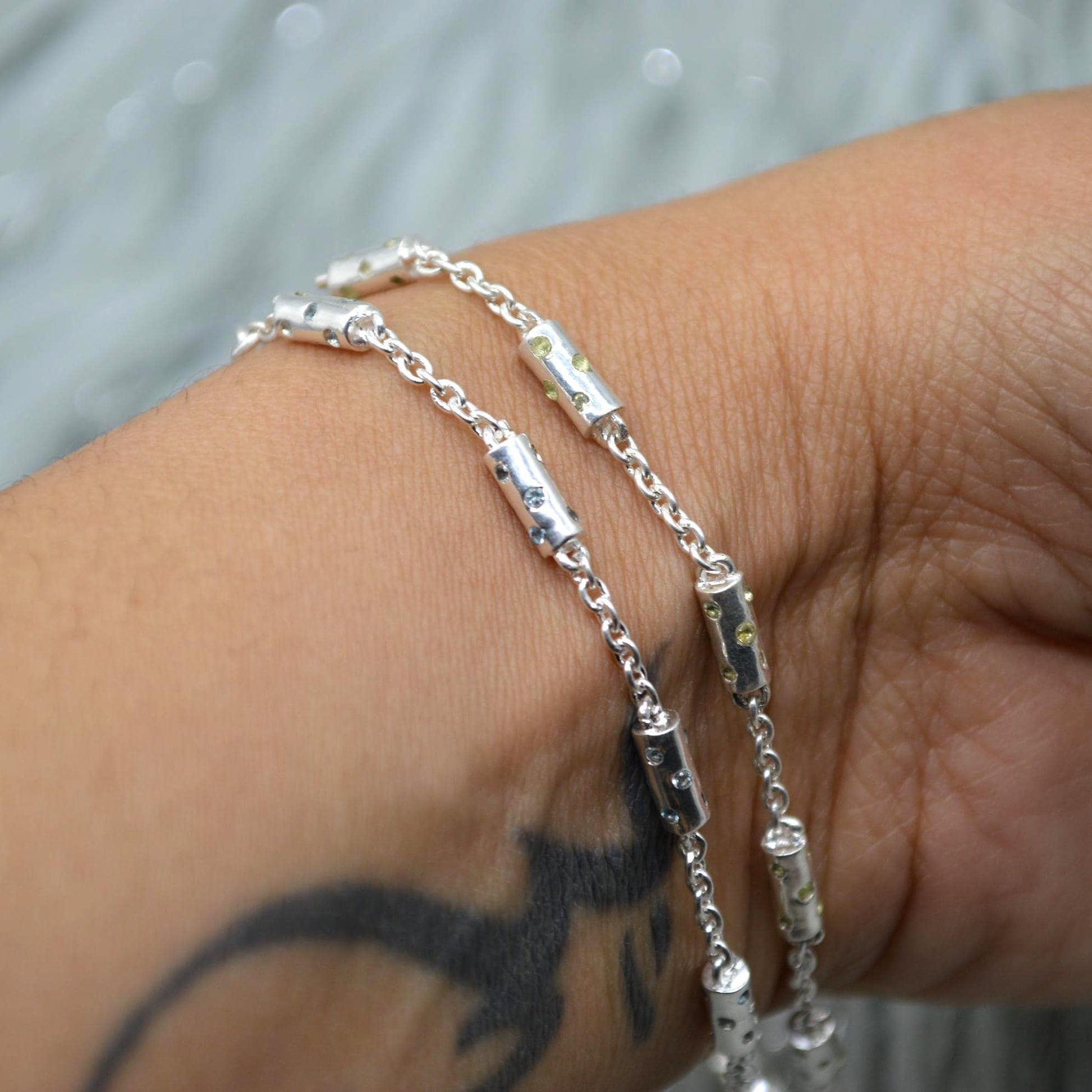 Peridot, Blue Topaz Silver Chain Bracelet, August, December Birthstone, Dainty Gold Bangle Bracelet, Green, Blue Gemstone Bracelet For Women