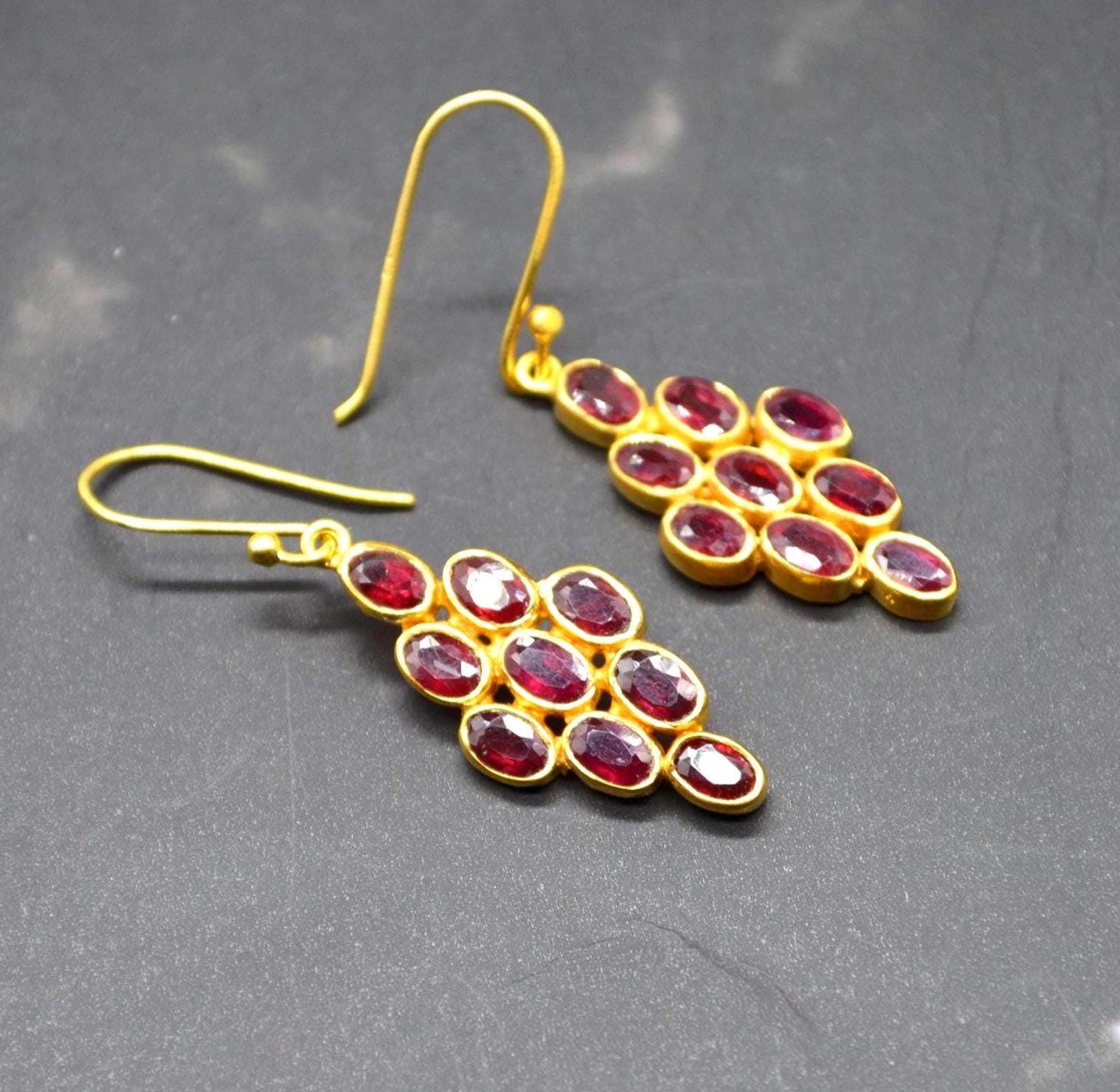 Red Ruby Drop Earrings: Gold Plated Sterling Silver, July Birthstone
