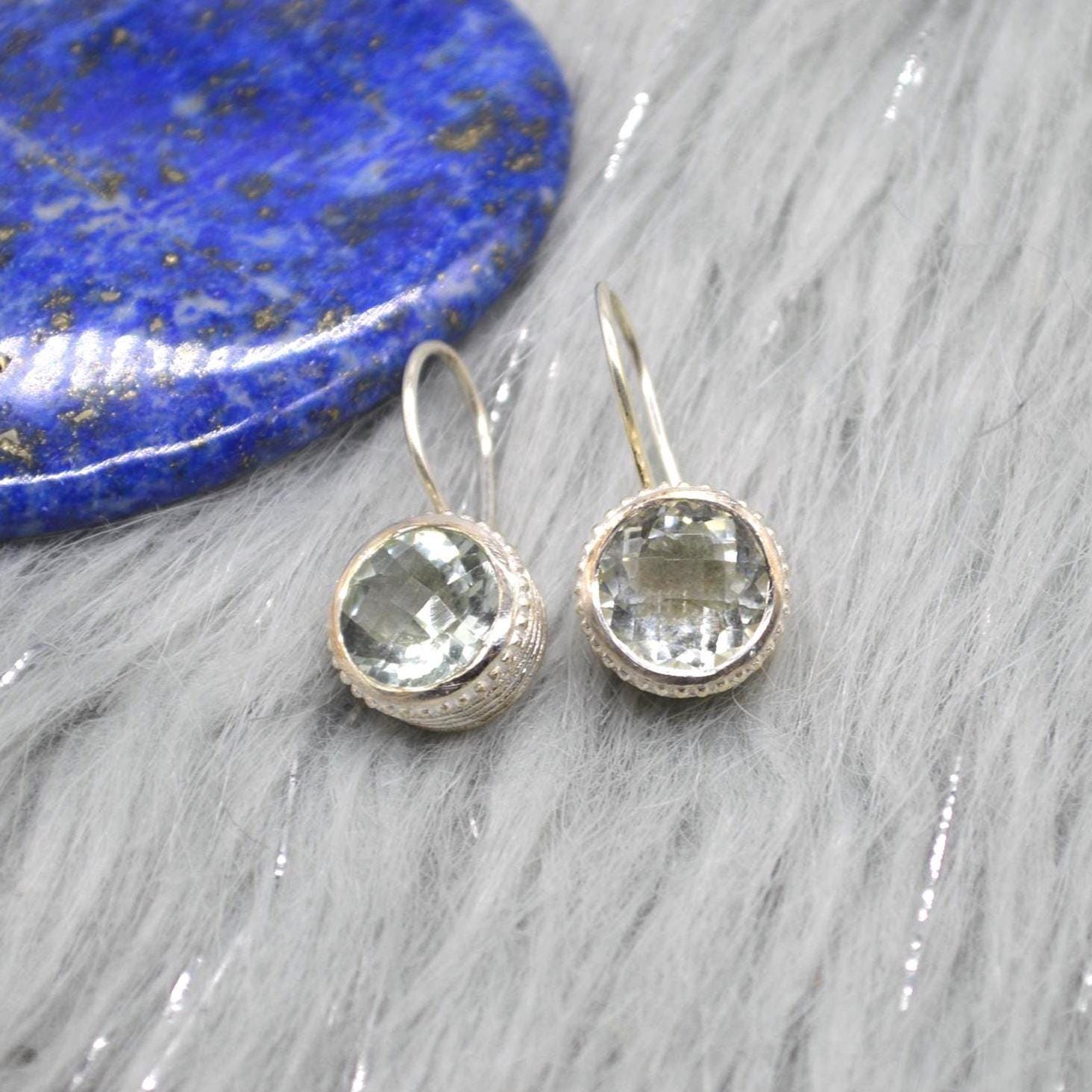Green Amethyst Sterling Silver Drop Earrings: Minimalist February Birthstone