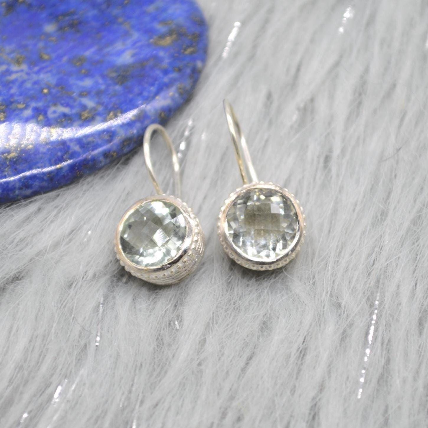 Green Amethyst Sterling Silver Drop Earrings: Minimalist February Birthstone