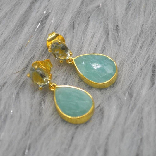 Amazonite Green Amethyst Earrings: Gold Plated Sterling Silver, Teardrop Dangles