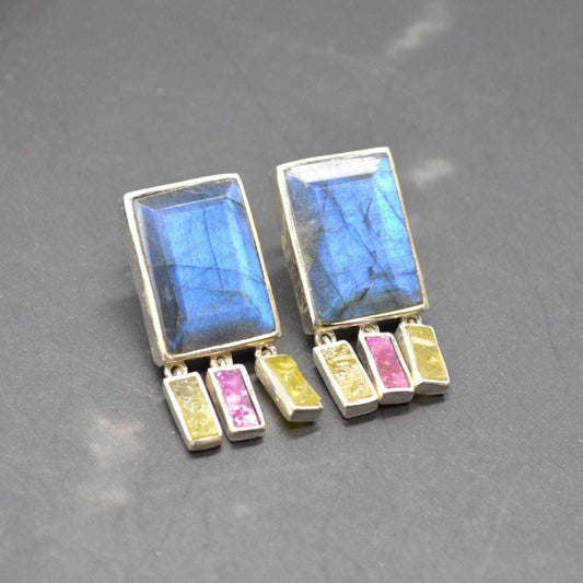 Labradorite Raw Tourmaline Earrings: Handmade Sterling Silver Gemstone Jewelry