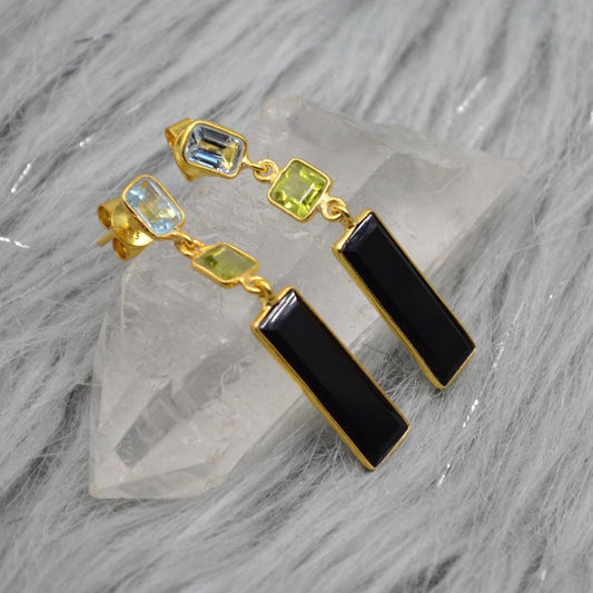 Black Onyx Peridot Blue Topaz Earrings: Sterling Silver Birthstone Gemstone Drops