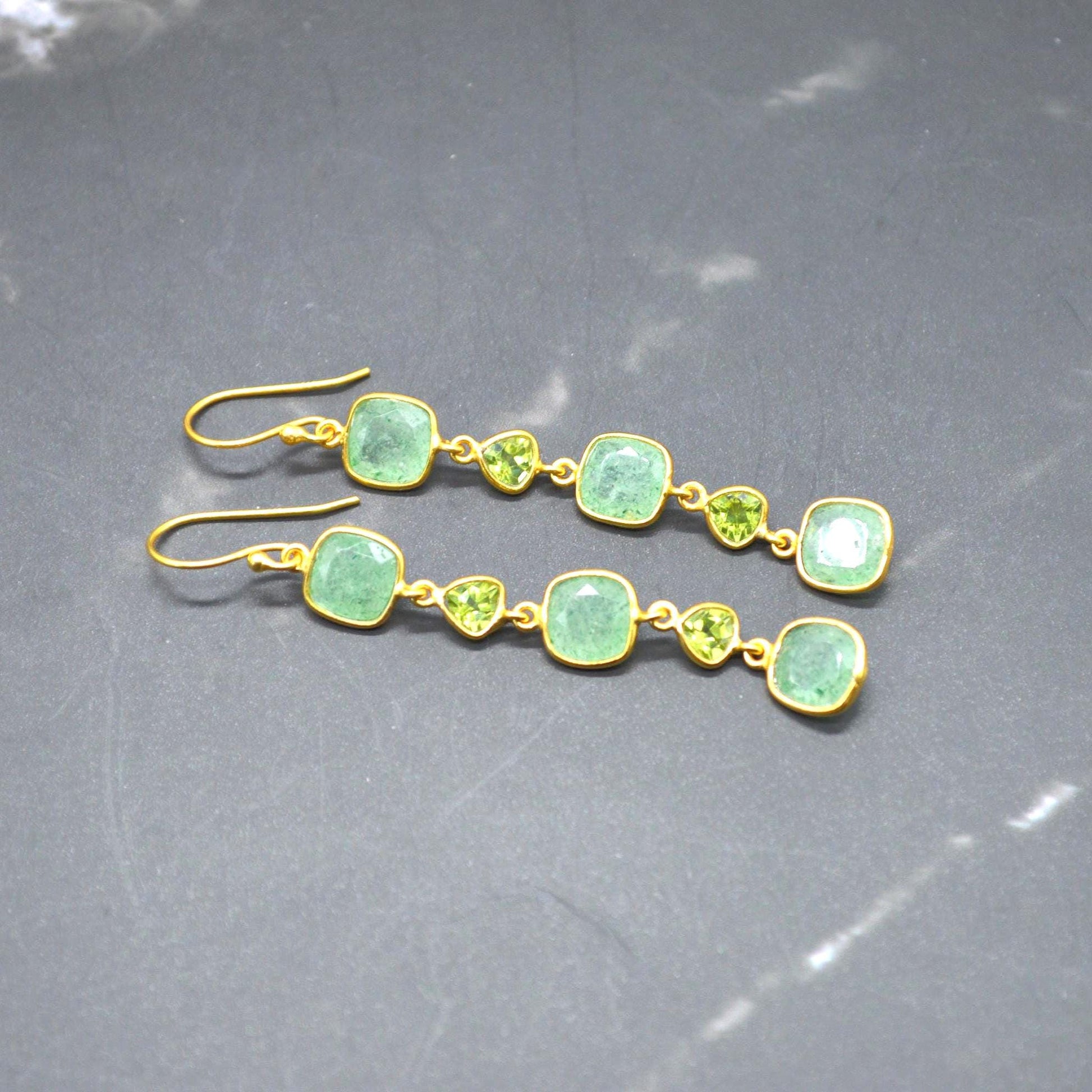 Peridot Green Jade Silver Dangle Earrings: August Birthstone, Gold Plated, Long Gemstone Drop Jewelry