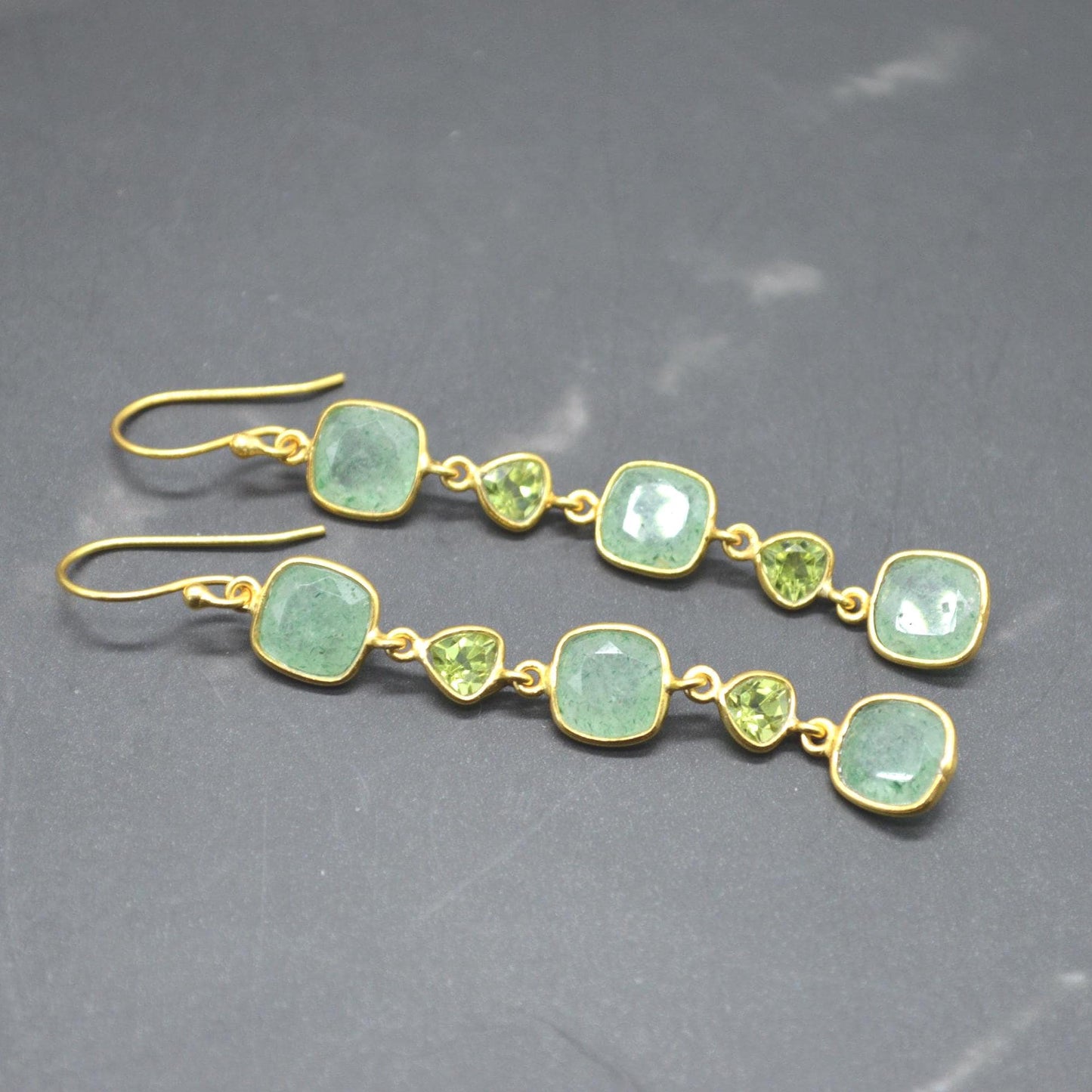 Peridot Green Jade Silver Dangle Earrings: August Birthstone, Gold Plated, Long Gemstone Drop Jewelry