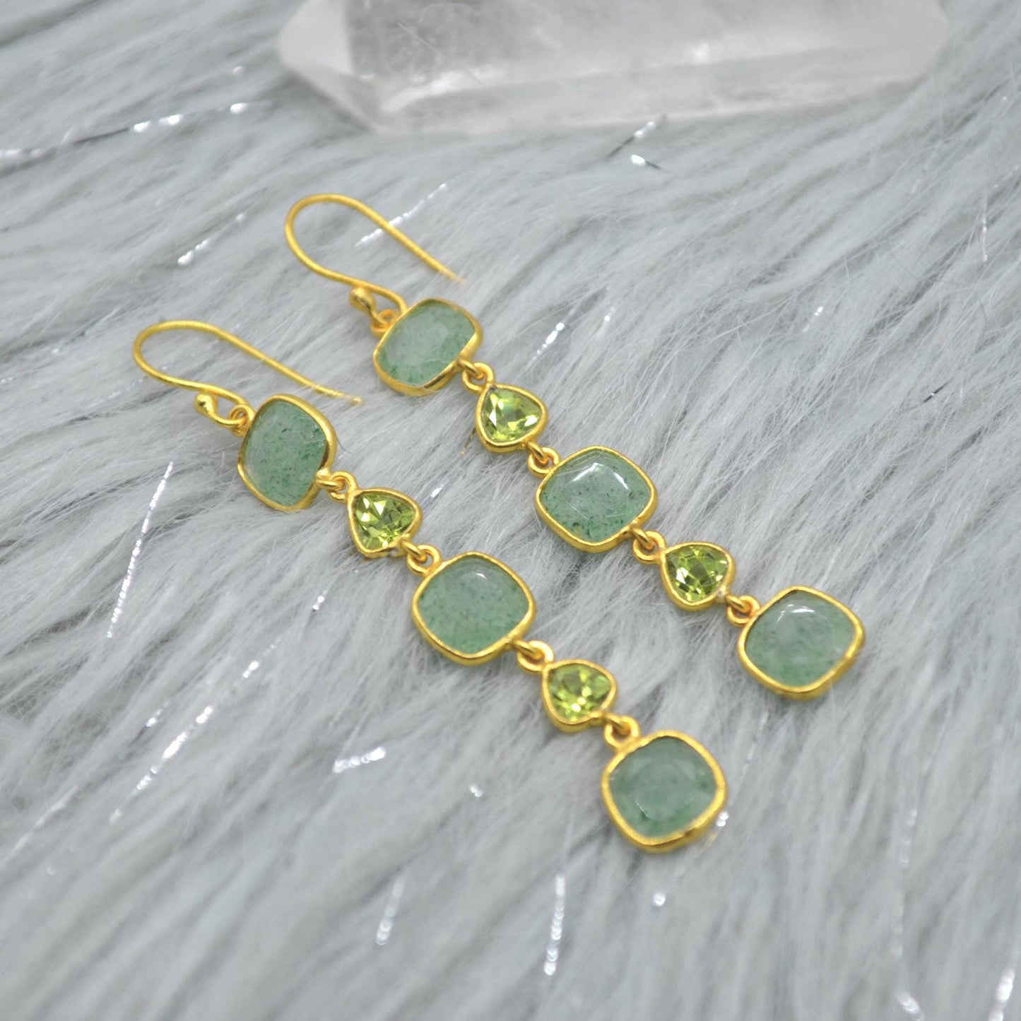 Peridot Green Jade Silver Dangle Earrings: August Birthstone, Gold Plated, Long Gemstone Drop Jewelry