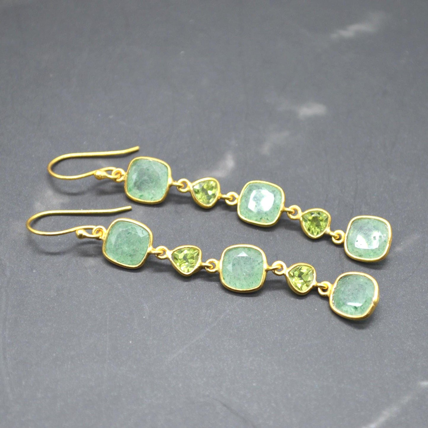 Peridot Green Jade Silver Dangle Earrings: August Birthstone, Gold Plated, Long Gemstone Drop Jewelry