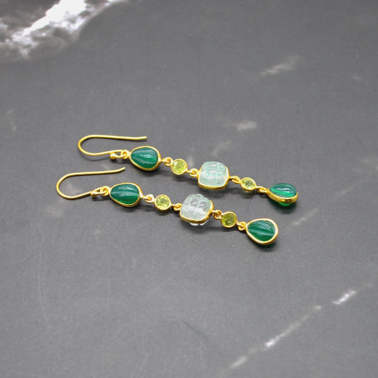 Green Onyx Jade Dangle Drop Gold Earrings: Sterling Silver, Long Green Gemstone Jewelry