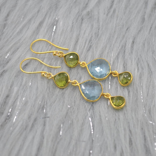 Peridot Blue Topaz Gold Earrings: Sterling Silver, August December Birthstone, Gemstone Dangle Drops