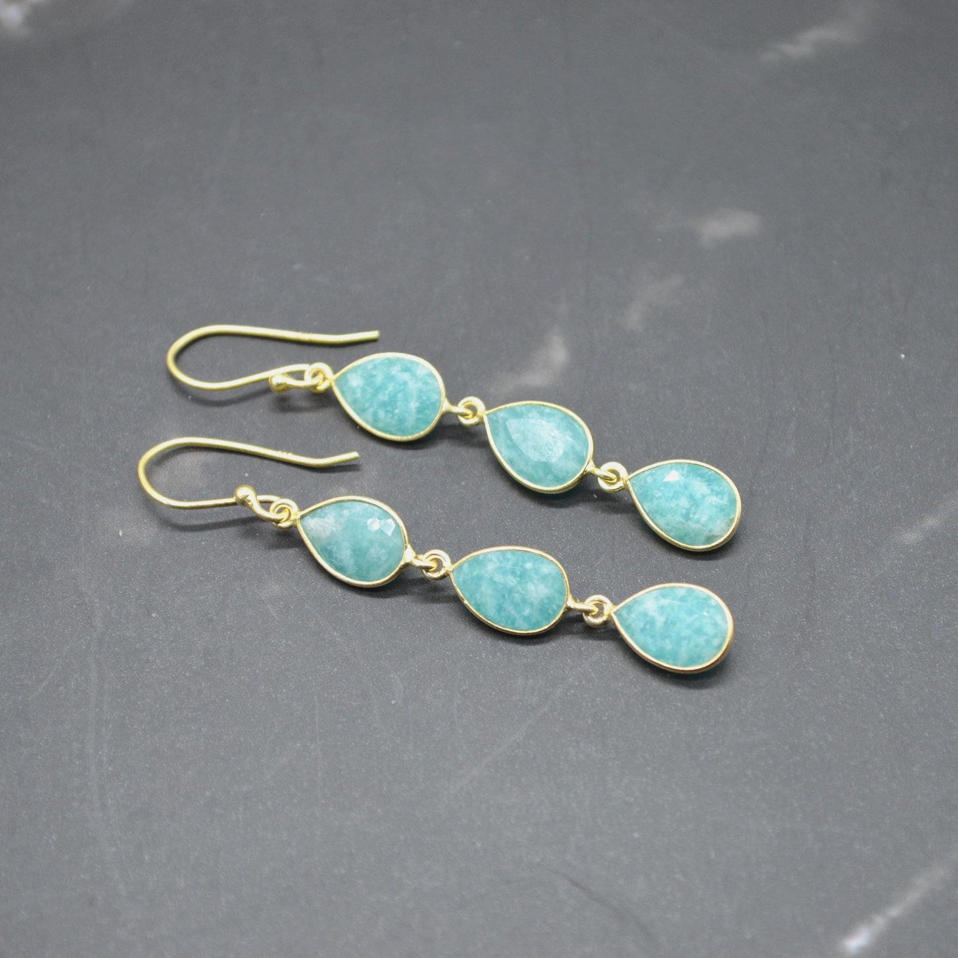 Amazonite Silver Drop Earrings: Green Blue Gemstone Jewelry, Gold Plated, Boho Chic