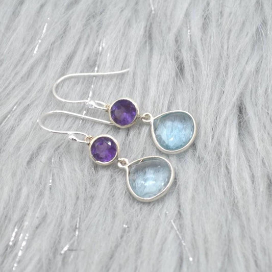 Amethyst Blue Topaz Silver Earrings: Dangle Drop, Blue Purple Gemstone Jewelry, February December Birthstone