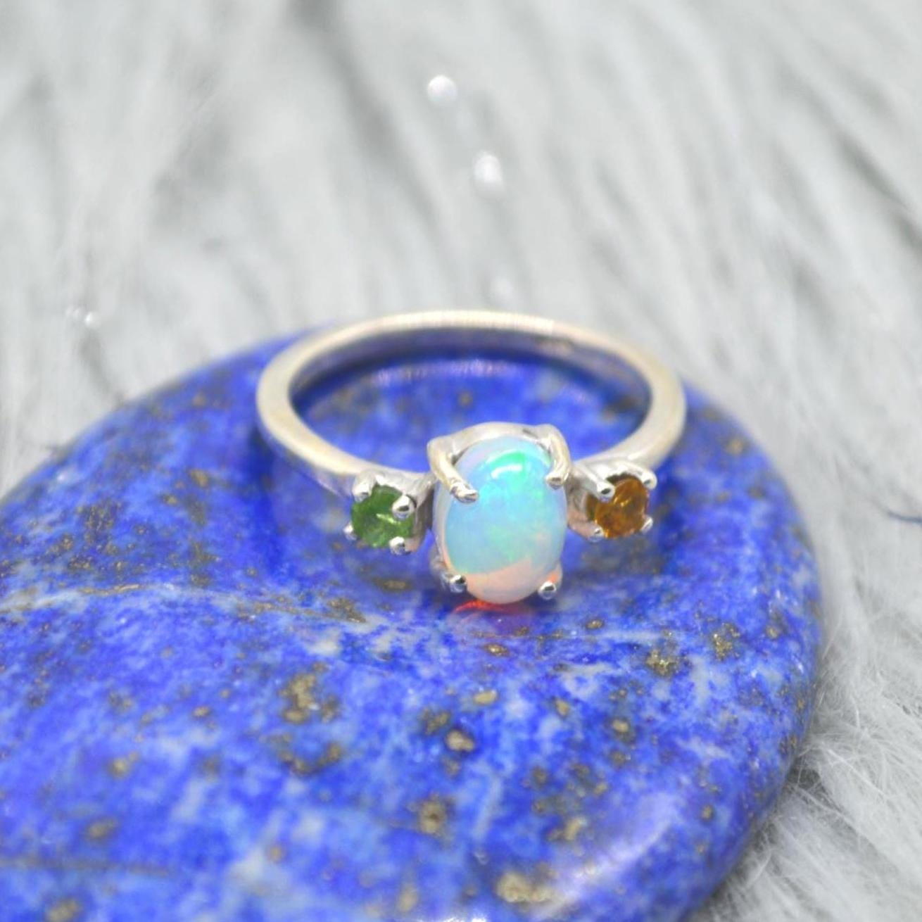 Opal Tourmaline Sterling Silver Ring: UK Size N, October Birthstone, White Orange Green Gemstone
