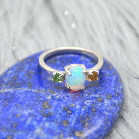 Opal Tourmaline Sterling Silver Ring: UK Size N, October Birthstone, White Orange Green Gemstone