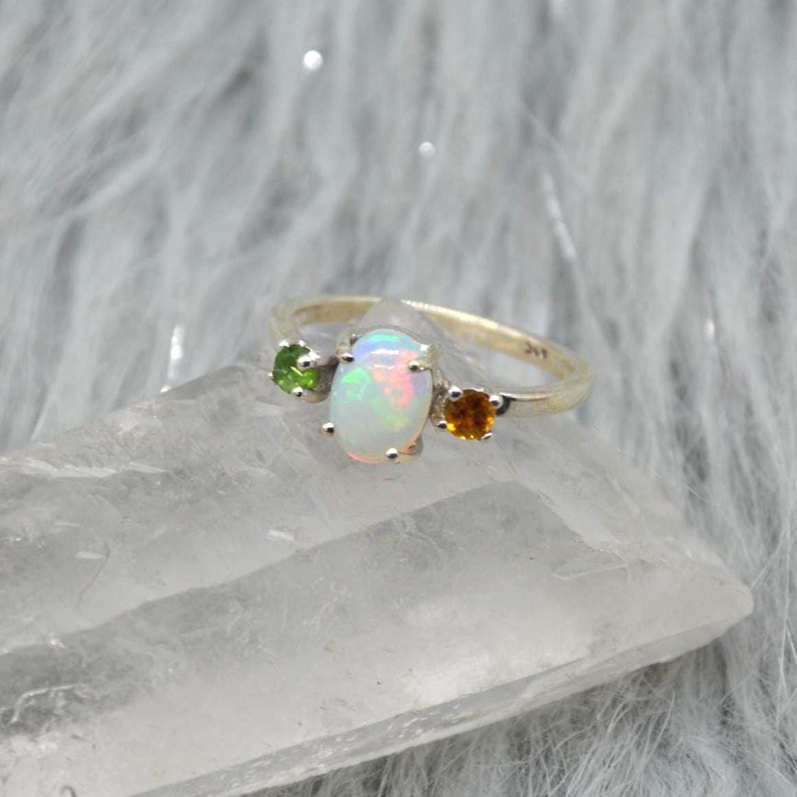 Opal Tourmaline Sterling Silver Ring: UK Size N, October Birthstone, White Orange Green Gemstone