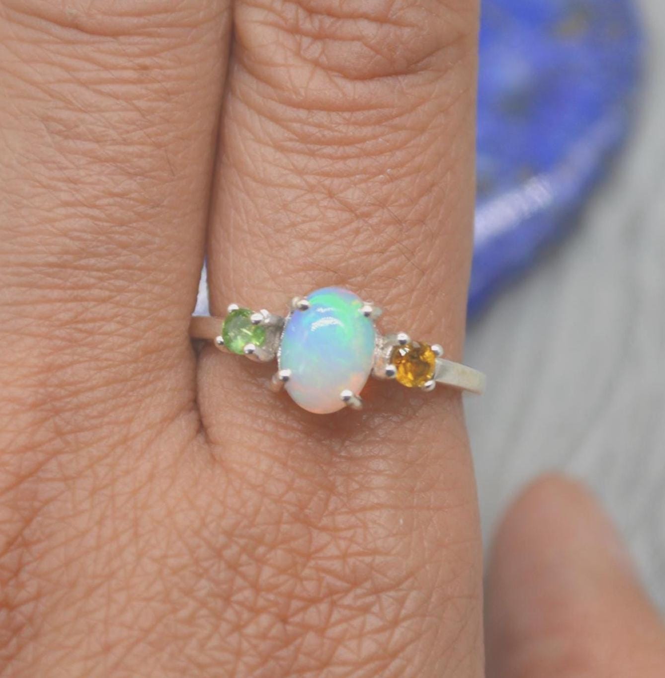 Opal Tourmaline Sterling Silver Ring: UK Size N, October Birthstone, White Orange Green Gemstone