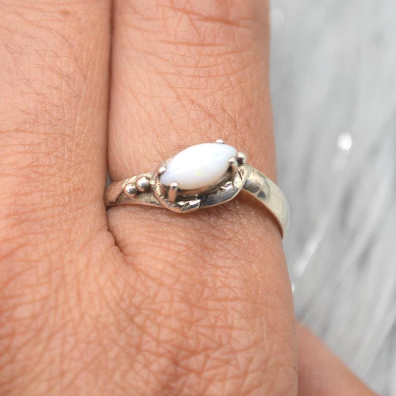 Opal Sterling Silver Ring: UK Size P, White Gemstone Jewelry