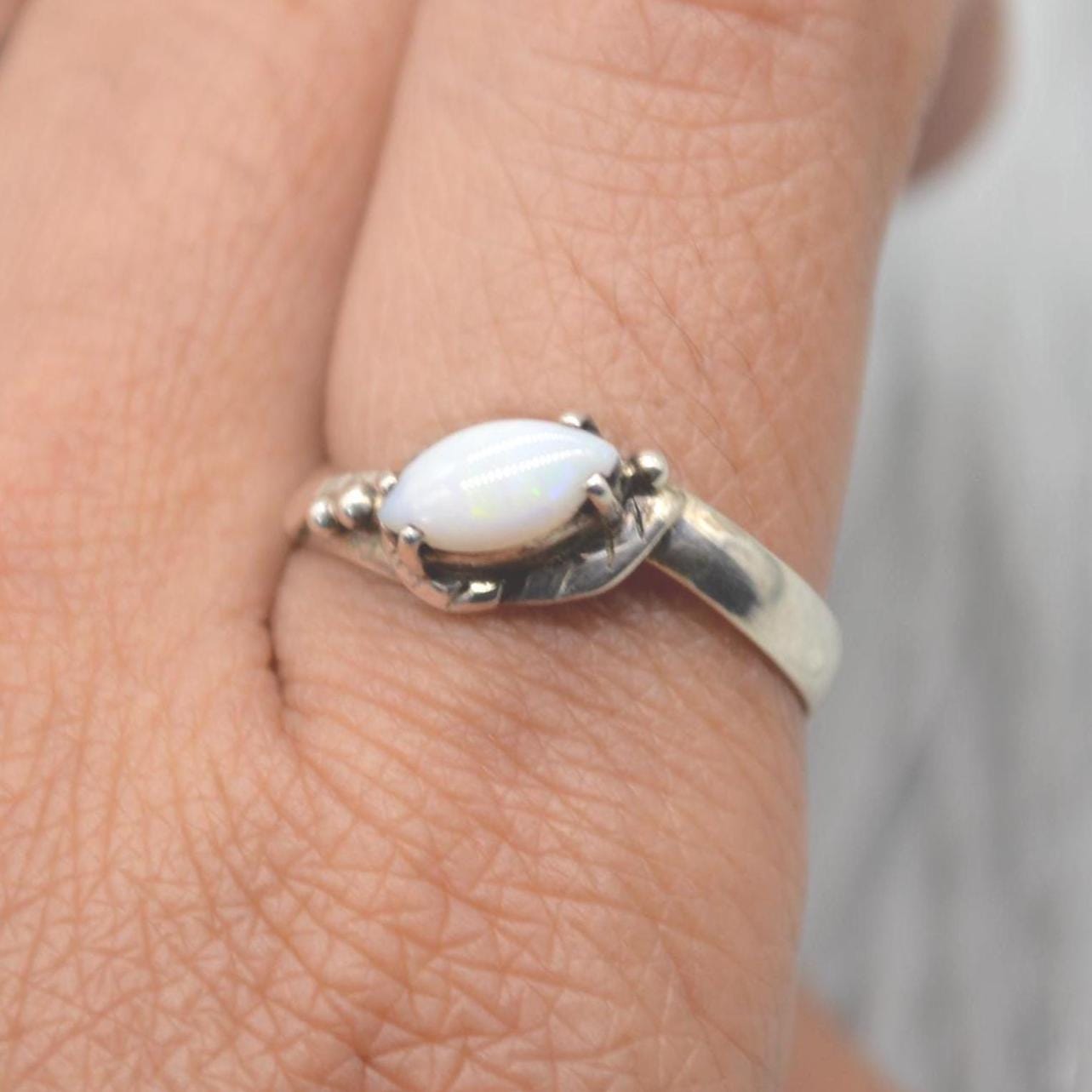 Opal Sterling Silver Ring: UK Size P, White Gemstone Jewelry