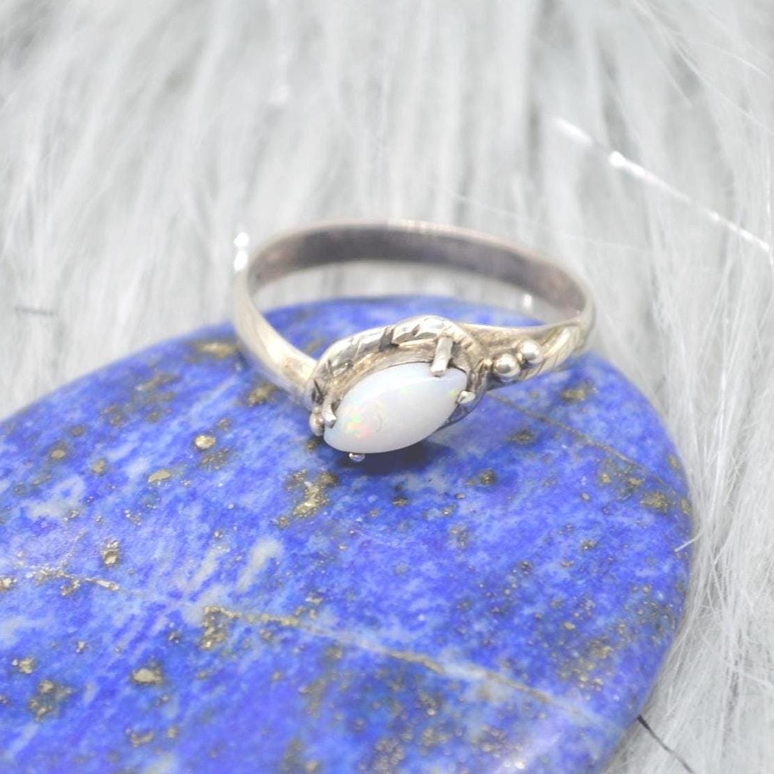 Opal Sterling Silver Ring: UK Size P, White Gemstone Jewelry