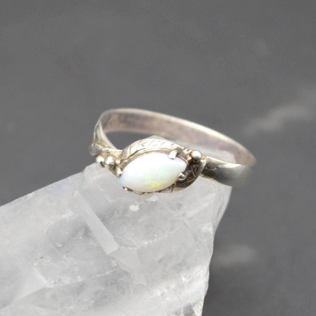Opal Sterling Silver Ring: UK Size P, White Gemstone Jewelry
