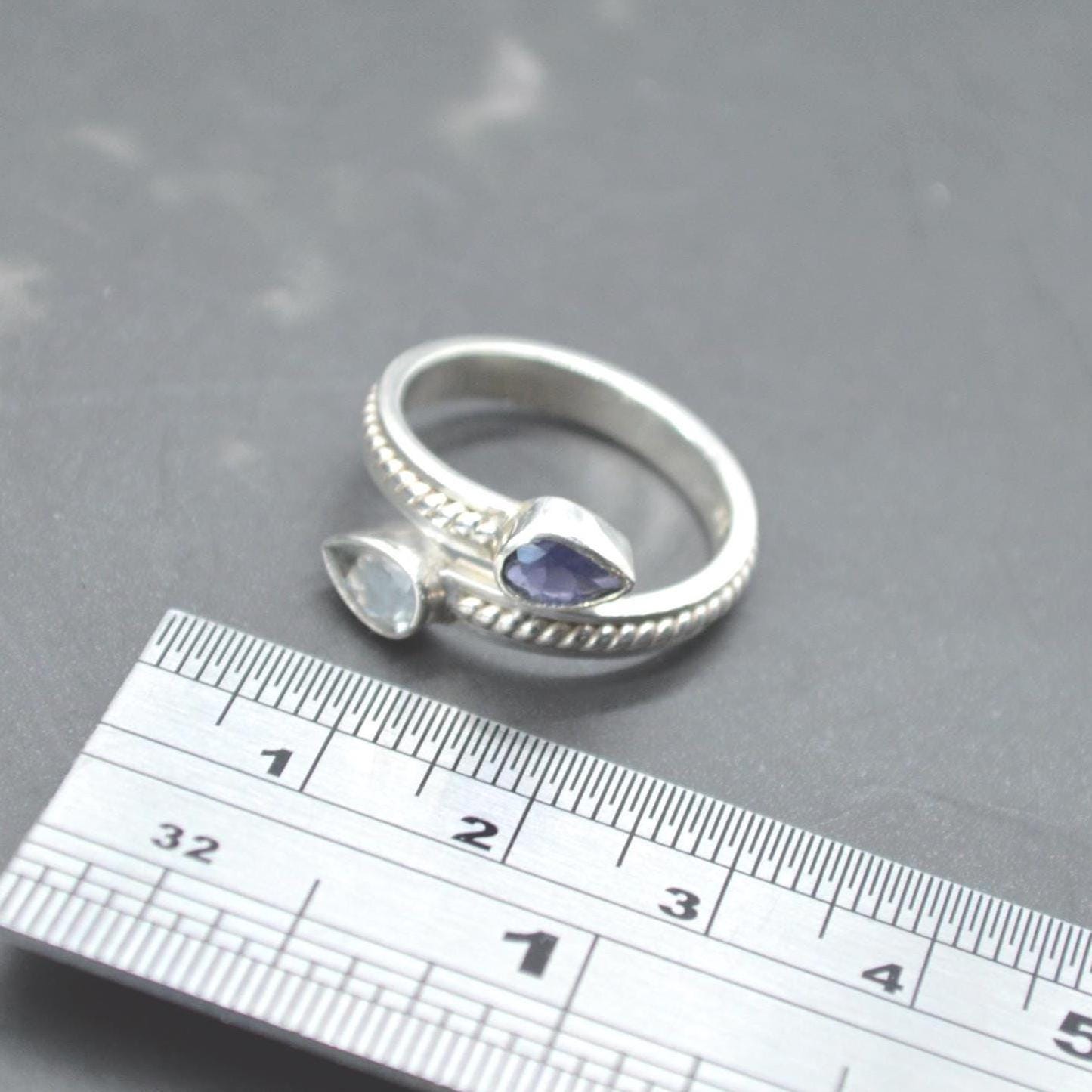 Aquamarine Iolite Sterling Silver Ring: UK Size N, Dainty March Birthstone, Blue Gemstone Jewelry